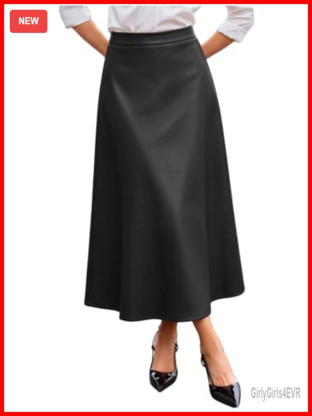 Faux Leather A-Line Midi Skirt High Waist Fall Winter Business Casual